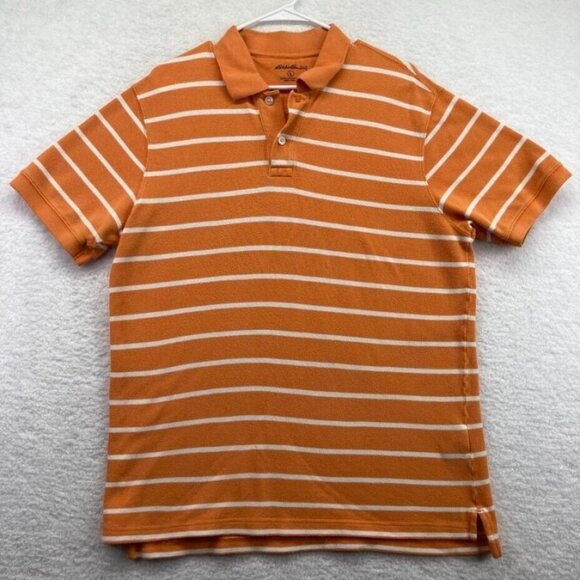 Eddie Bauer Mens Polo Shirt Size Large Orange Stripe Waffle Weave Short Sleeve - Picture 1 of 8